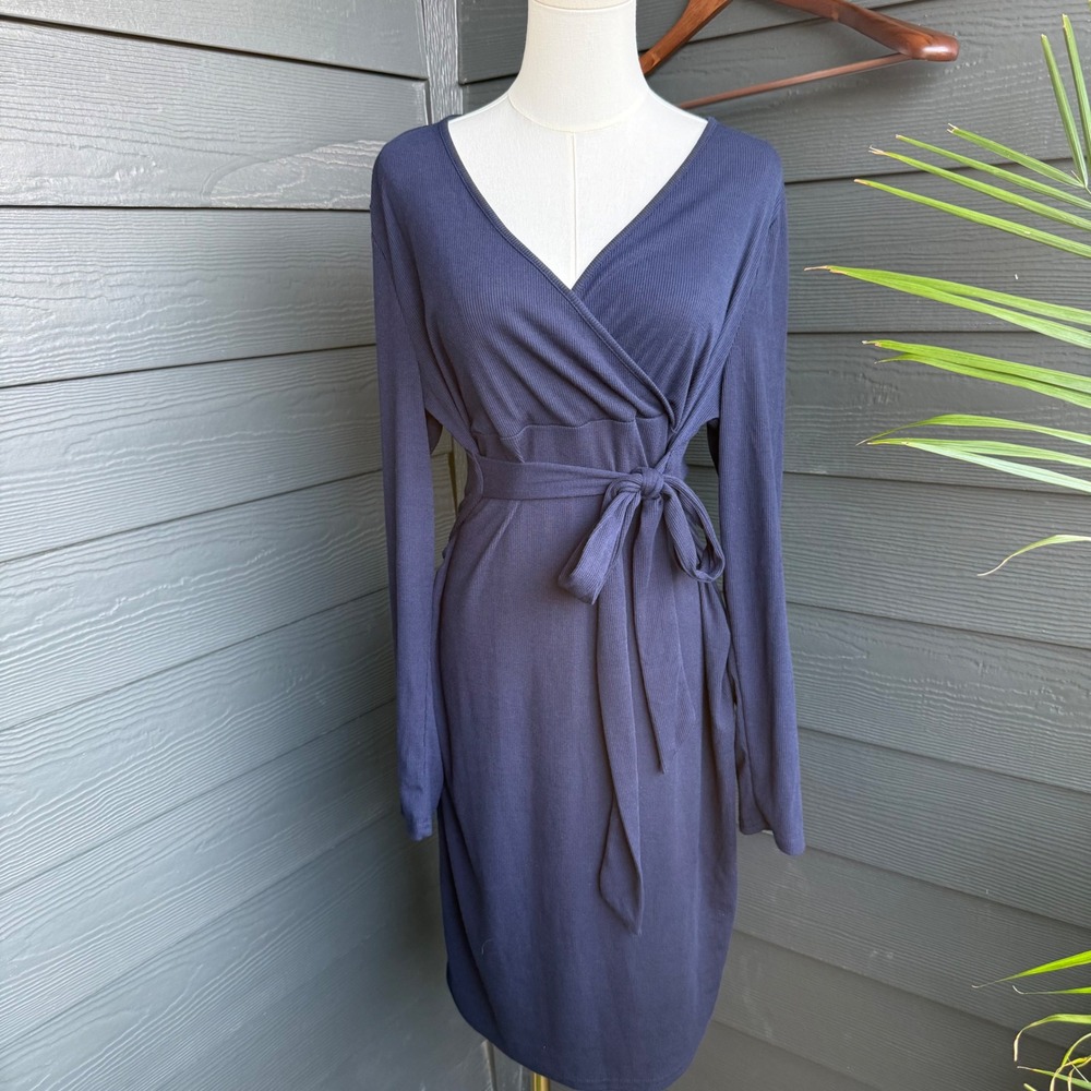 Coolmee‎ Rib Knit Faux Wrap Midi Dress Navy Long Sleeve Tie Waist XL NWT